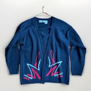 Vintage Liz Claiborne Black Wool Angora Cardigan Abstract Red Gray Sweater Sz 10